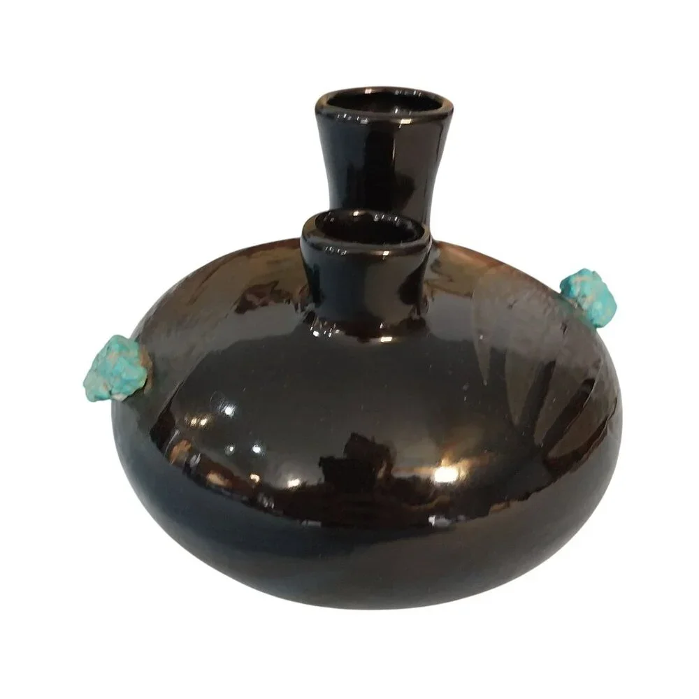 Black Double Spout Vase With Etched Bear Claw and Turquoise Colored Stones
